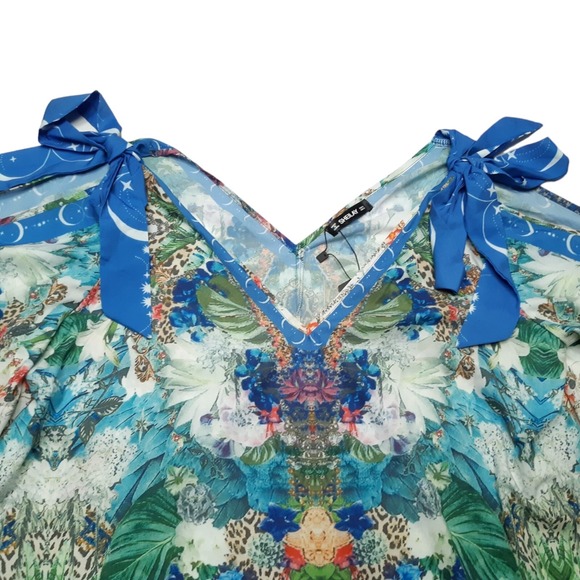 Sheilay Blouse Womens Small Blue Floral Cold Shoulder Bell Sleeve Top New - Picture 10 of 16